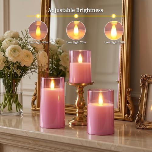 Image of Homemory Realistic Flickering Flameless Pink Candles with Remote & Timer | LED Fake Electric Pillar Candles Battery Operated for Home, Datting, Christmas Decor, Set of 3
