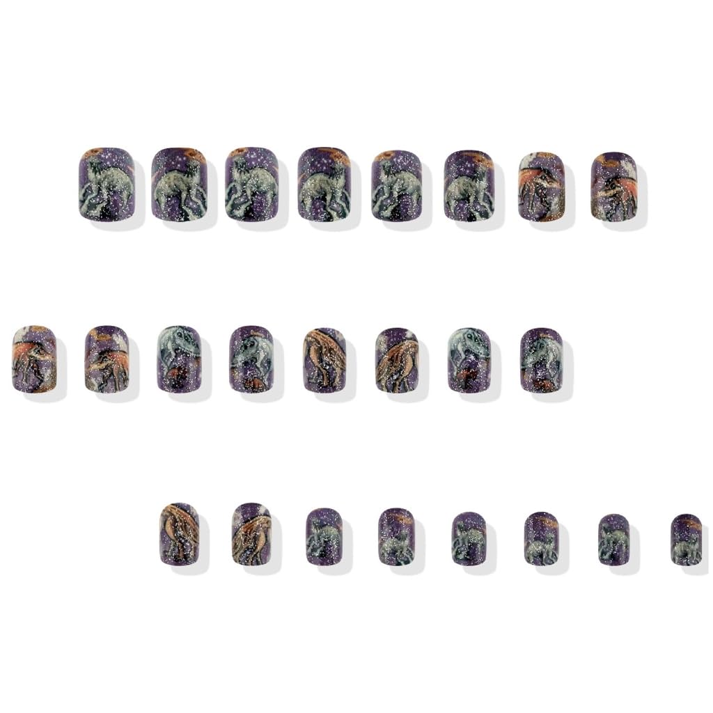 24Pcs for Women Shimmering Dinosaur Nails Full Covers Stick on Nails for Independence Day Festivities