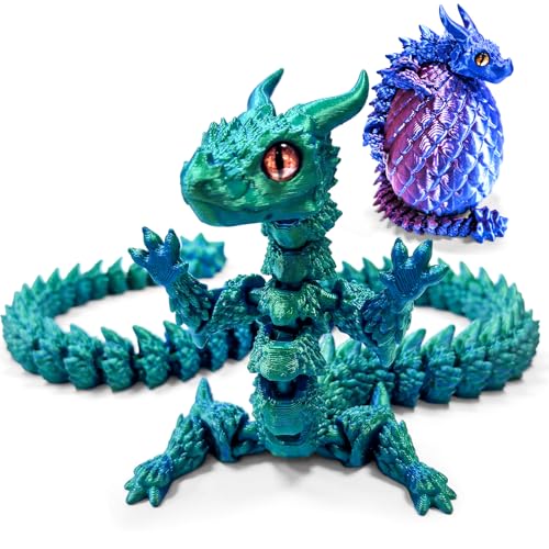 CloudValley 12'' 3D Printed Dragon Fidget Toy, 2 Pack Large Articulated Dragon Figurine, Flexible Stress Relief Toy for Kids Adults, Desk Office Decor Sensory Toy, Purple & Green(Includes Dragon Eggs)
