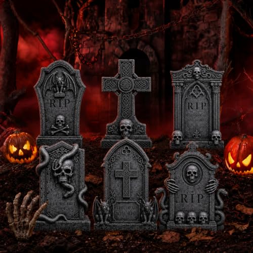 Graveyard Halloween Tombstones Decorations Outdoor: 6 Pcs Large Tombstone Halloween Yard Signs with Stakes, Realistic Scary Skeleton RIP Gravestones Lawn Cemetery Halloween Decor Front Lawn Garden Haunted House Props - image 6
