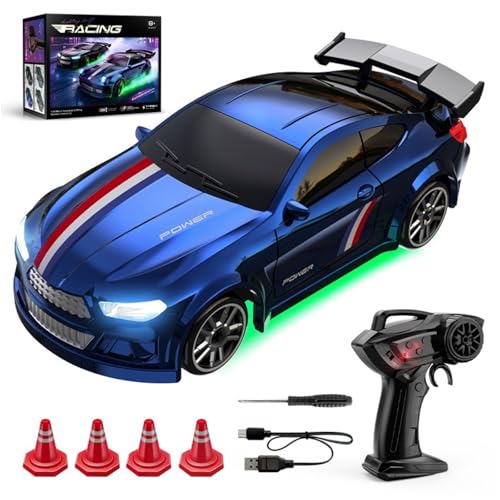 Beauenty Desktop Drift Car for Boys Kids Adults 1/64 Scale Remote Control Car with LED Lights 4WD Mini RC Drift Cars for Race Childrens Gifts and Toys (blue)