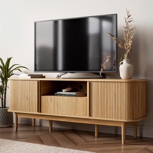 63″ Tambour TV Stand, Fluted TV Stand for TVs up to 70”, Modern Entertainment Center with Storage, Wood Media Console with Sliding Doors for Living Room, Natural