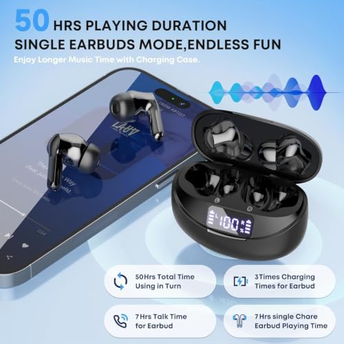 Wireless Earbuds, Bluetooth 5.4 Headphones HiFi Stereo 50H Playback LED Digital Display Ear Buds with ENC Noise Canceling Headset, IPX7 Waterproof Earphones for Gym/Running/Work by Fhumsh - Image 3