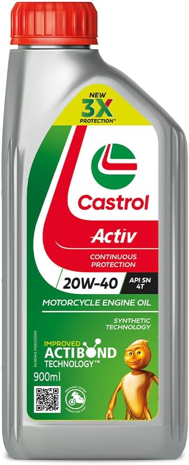 - Castrol Activ 20W-40 4T Engine Oil for Bikes with Synthetic Technology (900ML) | 3X Protection with Actibond Technology | Engine Protection for bikes | API SN and JASO MA2