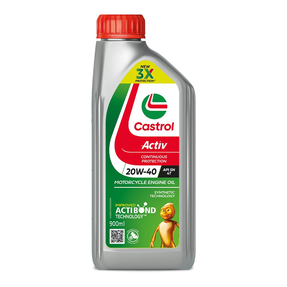 Castrol Activ 20W-40 4T Engine Oil for Bikes with Synthetic Technology (900ML) | 3X Protection with Actibond Technology | Engine Protection for bikes | API SN and JASO MA2