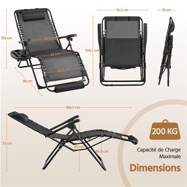 Yaheetech Transat Jardin Exterieur, Inclinable avec Rembourrage Repose Pieds Appuie-tête Amovible, résistant aux intempéries Chaise Longue Pliante Dossier, Salon de Jardin Exterieur (1, Noir)