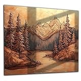Tempered Glass Stove Back Splash - Copper Look Mountain Backsplash- River, Pine Trees Backsplash -Landscape Backsplash- Easy to Clean Sink Splash Guard- Customizable Backsplash- Kitchen Backsplash