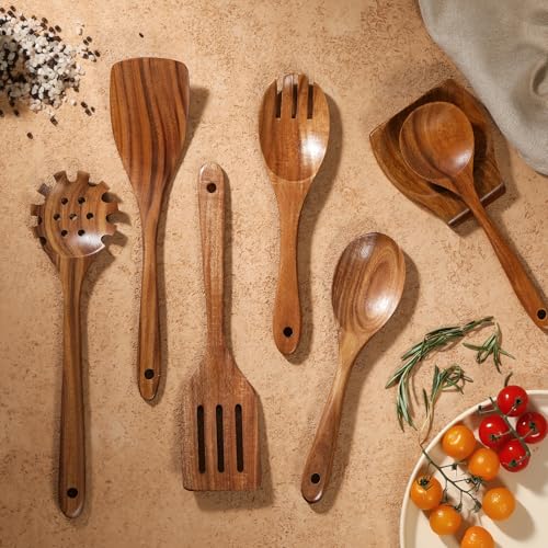 Wooden Spoons for Cooking, 12 Pcs Nonstick Wooden Cooking Utensils Set with Comfort Grip – 100% Natural Teak Wood - Sturdy, Lightweight & Heat Resistant Kitchen Utensils - Image 3