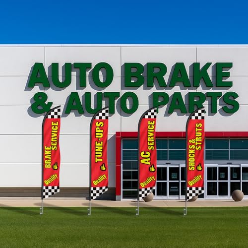 (FFN Pack 4)- Auto Repair Shop Swooper Feather Flags with 4 Pole Kits and 4 Ground Stakes - Outdoor Banner Signs each flag with a different message- Ideal for Auto Repair Shops, Garages, and Auto Service Center's