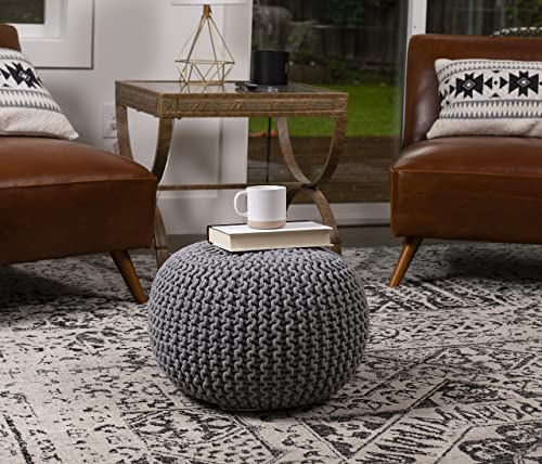 Birdrock Home Round Pouf Foot Stool Ottoman - Knit Bean Bag Floor Chair - Cotton Braided Cord - Great For The Living Room, Bedroom And Kids Room - Small Furniture (Light Grey) #TOP1