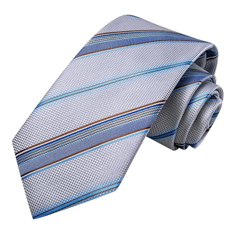 Image of Hi-Tie Sliver and Blue Striped Ties for Men Silk Woven Tie and Lapel Pin Pocket Square Cufflinks Sets Formal Business Wedding