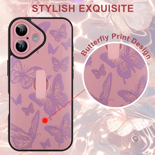 Image of for iPhone 16 Case with Finger Strap Holder, Cute Cool Butterfly Print Pattern Design for Women Girls, Shockproof Anti Scratch Hand Kickstand Protective Cover, Pink