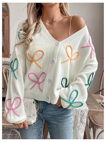 WDIRARA Women's Bow Cardigan Button Down V Neck Long Sleeve Drop Shoulder Knit Sweater4