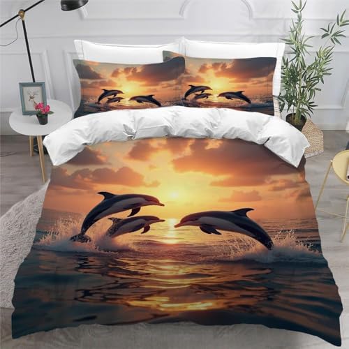 Housse de couette 200x200 dauphin 3D avec 2 taies d'oreiller en microfibre douce