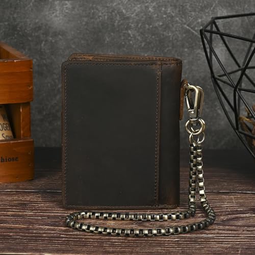 Oil Wax Genuine Leather Travel Gift Coin Pocket Card Case Vertical Chain Rfid Wallet Purse With Snap For Men Male 1804 (1804 Dark Brown)2