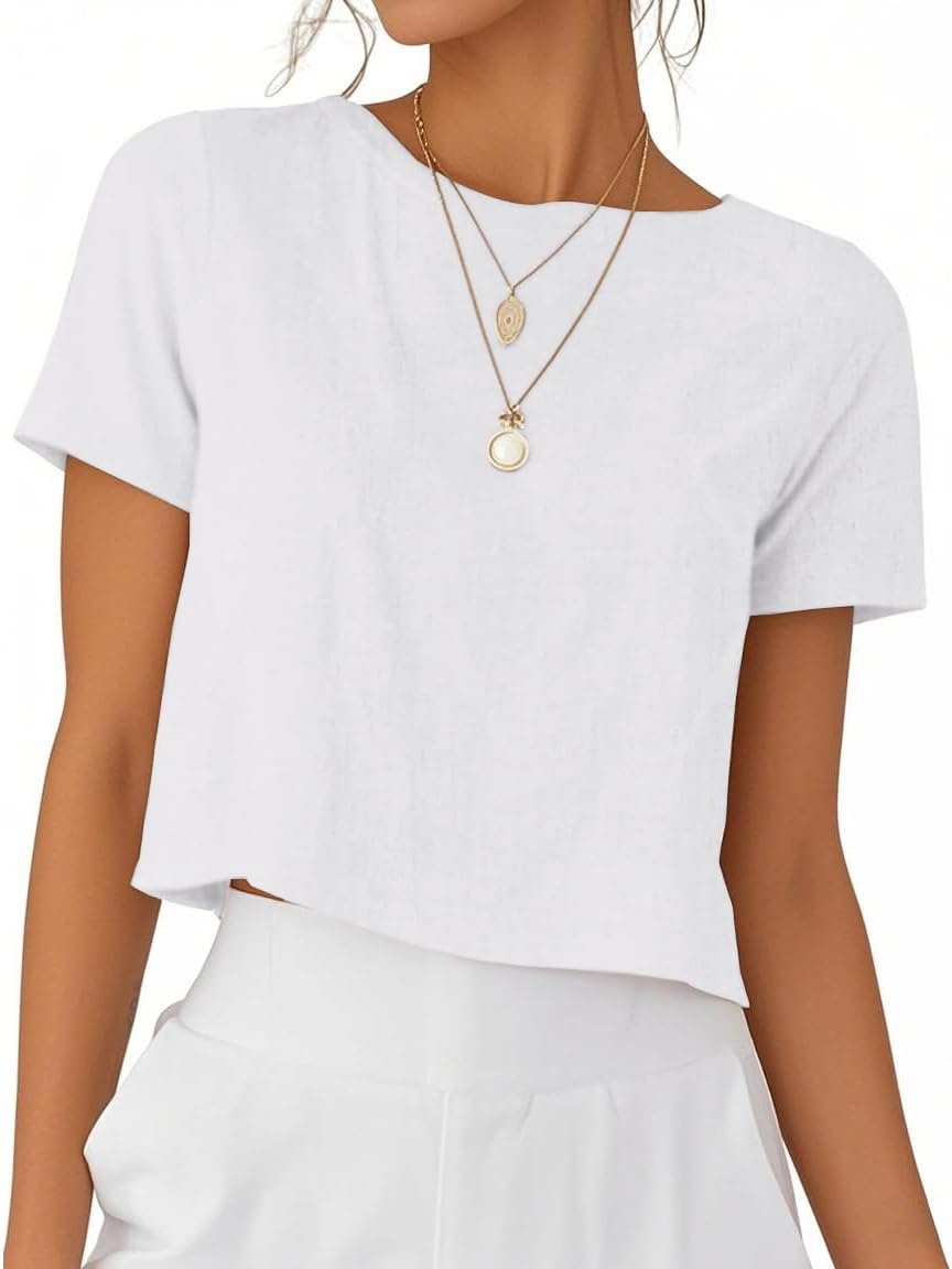 IDEALSANXUN Womens Short Sleeve Linen Shirts Casual Spring Summer Crewneck Cute Crop Beach Blouse Tops