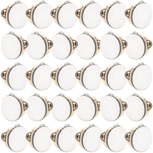 30 Pcs 4 Inch Adult Wedding Tambourines Drum Wooden Natural Handheld Drums Metal Jingles Drums Musical Instruments Percussion for Church Wedding Party Favor