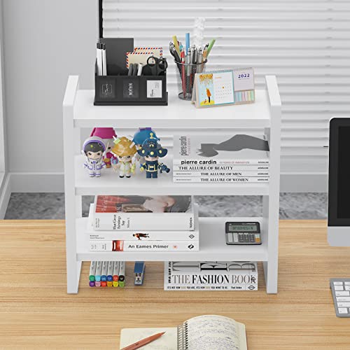 Feejee 3 Tiers Desktop Shelf Organizers And Storage With Metal Frame Wood Board Racks For Office, Dorm, School Small Display Shelves Mini Bookshelf Corner Shelving (Frame White&Tier White, 3 Tiers) #TOP3