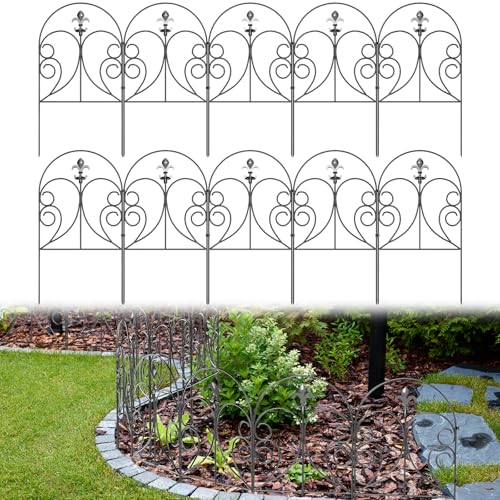 PINPON Artistic Line Decorative Garden Fence 10 Pack, 24in(H) x 10ft(L) Rustproof Metal Animal Barrier Fencing- Landscape Border for Yard, Patio, Flower Beds | Easy Snap Assembly, Arched Design