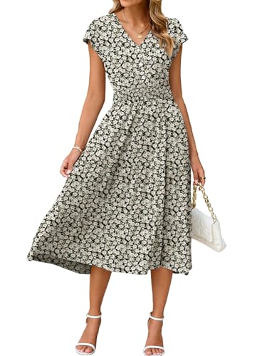 Image of BerryGo Women's Floral Boho Ruffle Summer Midi Dress Short Sleeve V Neck Empire Waist Swing Flowy Dress