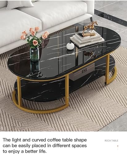 Image of Coffee Tables for Living Room Modern Coffee Table Oval Sofa Table Center Tables for Living Room 2 Tier Side Table Small Apartment Home Furniture Black Gold 2T (Black Gold 2t)