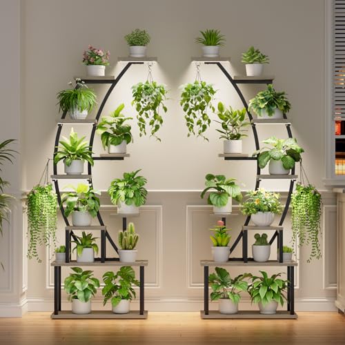 Image of BACEKOLL Plant Stand Indoor with Grow Lights, 9 Tiered Metal Plant Shelf, 64 inch Tall Plant Stand for Indoor Plants Multiple, Large Plant Rack Display Shelf, Curved Plant Holder for Living Room, Grey