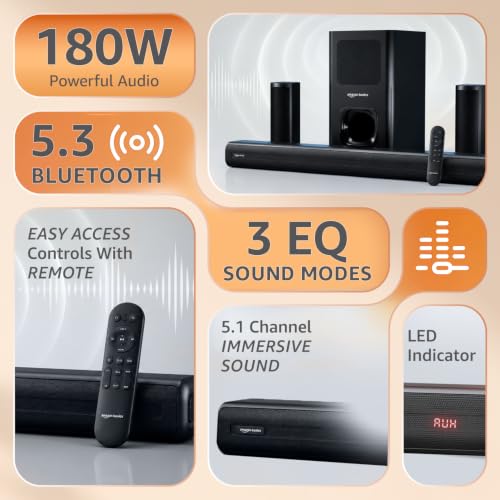 Image of amazon basics 180W Soundbar with Subwoofer & Surround Speakers, 5.1 Channel Home Theatre Sound System for TV, HDMI ARC, Optical, Bluetooth 5.3, USB, AUX, SD Card, Remote Control, Deep Bass, Black