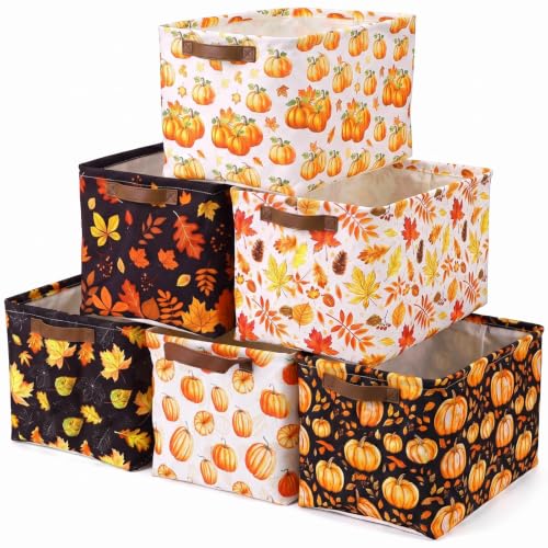 Image of Fourluoo 6 Pack Floral Storage Basket with Handles Clothes Storage Basket Bin Foldable Box Bins Organizer for Closet Shelf Nursery Kid Room Book Toy Chest(6,Pumpkin)