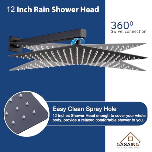 CASAINC Sistema de Ducha 12 Pulgadas Alta Presión, Negro Mate, Montaje de Pared, Cabezal de Ducha Cuadrado con Spray de Mano, Combo Completo con Válvula Antiescaldado miniatura 5