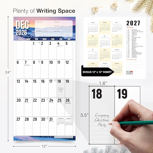 Image of RED EMBER The Big Grid Seasonal Planner Calendar - with Lines 2026 Wall Calendar 12 Month | 12 inch x 24 inch Open | Thick & Sturdy Paper | Giftable | Jumbo Large Print Nature Calendar 2026