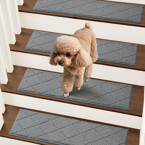 Image of COSY HOMEER Stair Treads for Wooden Steps 9 inchx28 inch Washable Indoor Carpet Stair Treads Non Slip Soft Polyester Stair Carpet Tread Reusable Stair Runner Rugs for Kids, Elders,Pets,Medium Grey,7pcs