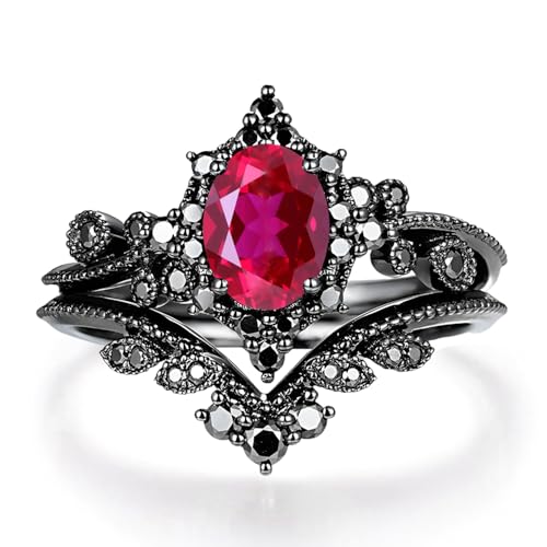 10K 14K 18K Gold Created Ruby Rings Set for Women Red Ruby Art Deco Promise Engagement Wedding Anniversary Ring Set Gemstone Unique Bridal Band Size 4-12