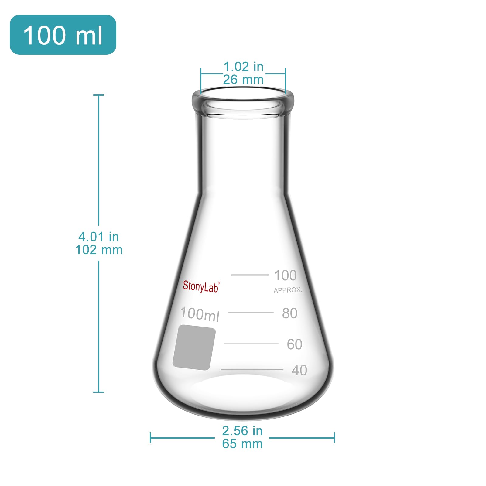stonylab 1er-Pack 100 ml Erlenmeyerkolben aus Glas, Schwere Wand und Schmalem Mund, Labor Kolben Erlenmeyer Flask mit Robustem Rand