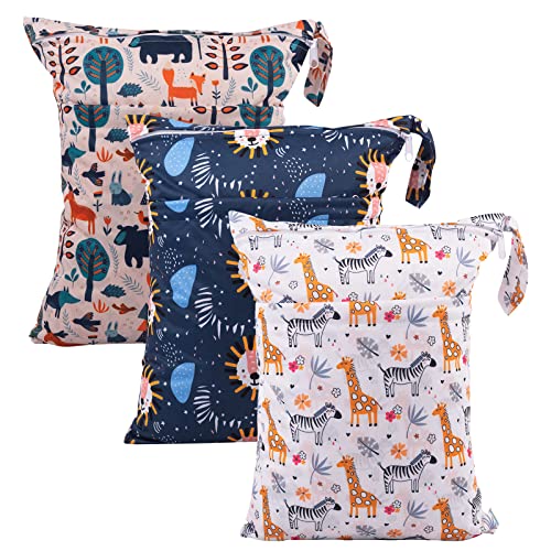 Image of babygoal Wet Dry Bags for Baby Cloth Diapers, Washable Travel Bags, Beach, Pool, Gym Bag for Swimsuits & Wet Clothes with Two Zippered Pockets 3 Pack, 3LN25