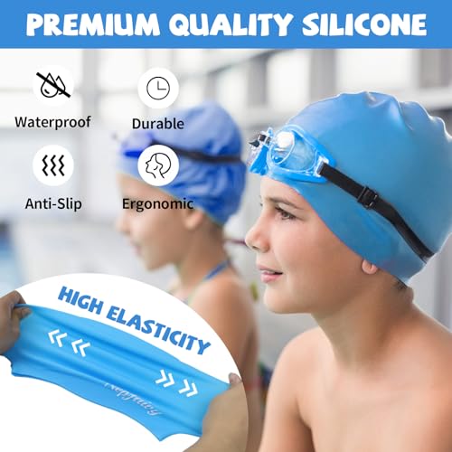 Nepfaivy Kids Swimming Cap Waterproof, 100% Silicone Swimming Hat Kids, Comfortable Anti Slip Boys and Girls Swimming Cap - Image 3