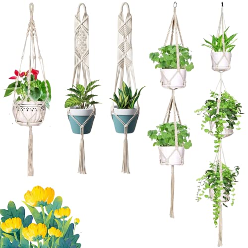 Image of ecofynd Cotton 3 Set Plant Hanger [without Pot] | Rope Flower Pot Holder for Indoor Outdoor Balcony Garden Wall Com05 /Pack of 5, Ivory