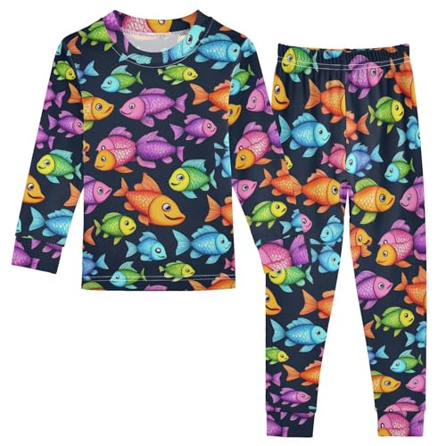 Pajama Sets Long Sleeve Colorful Fish on Black Soft Comfy Sleepwear 2 Piece PJS 3-8T