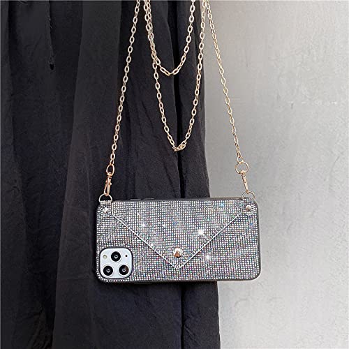 Wow Case Series Compatible With Iphone 13 Pro Max Case 6.7 Inch Released 2021, With Card Holder, Crossbody Chain, Shockproof Protective Bumpers Phone Cover Defender (Glitter Shining Dark Silver) #TOP2