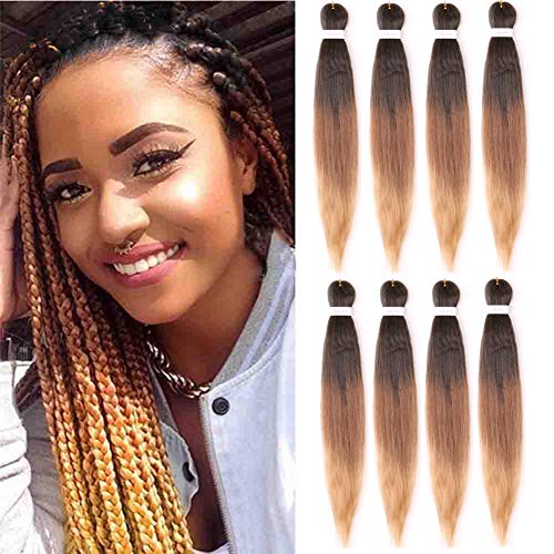 8 Packs 26 Inch Pre-Stretched Braiding Hair Extensions 90g Easy Braid Professional Itch Free Synthetic Fiber Corchet Braids Yaki Texture Hot Water Setting Braids (#1b/dark brown/light brown)