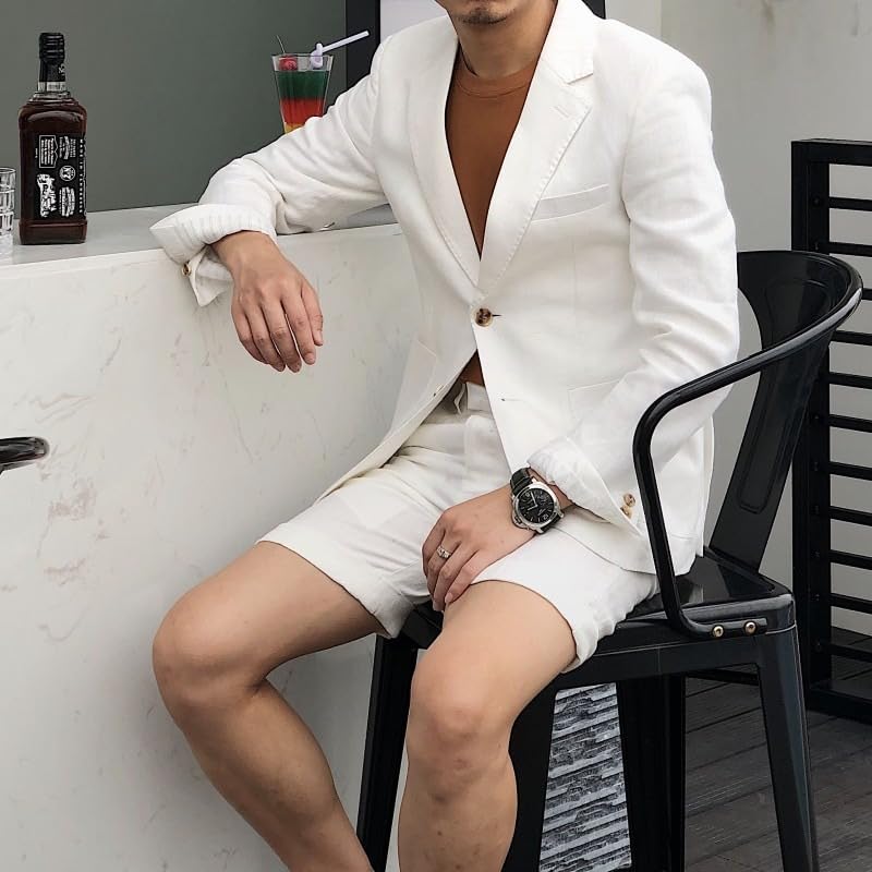 Men's 2 Piece Linen Suits Set Regular Fit Casual Lightweight Blazer Jacket and Summer Shorts for Men (Jacket+Shorts)4