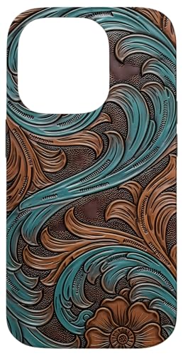 Teal and Chocolate Tooled Western Patterns Case for iPhone 14 Pro