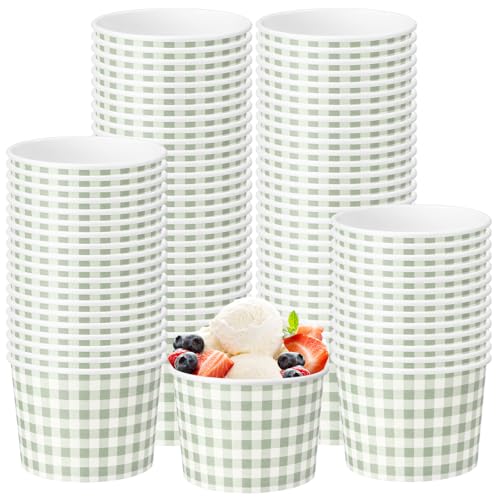Funnymoom 50 Pack Sage Green Gingham Ice Cream Cups 9 oz Disposable Bowls