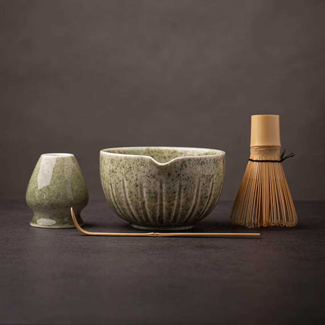 TANGPIN Mottled Green Matcha Set: 15oz Ceramic Spout Bowl, Bamboo Whisk, Scoop & Chasen Holder - 4pc Tea Ceremony Kit