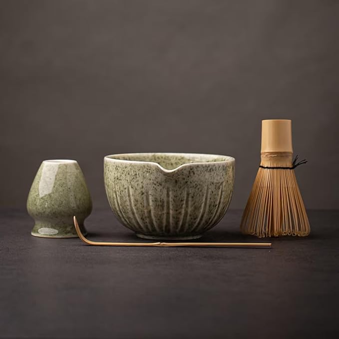 TANG PIN Matcha Set - Match Bowl and Whisk, 15 OZ, Matcha Scoop | Matcha Whisk Stand (Chasen Holder) - 4pc Perfect Matcha Kit for Matcha Tea Ceremony (Mottled Green)