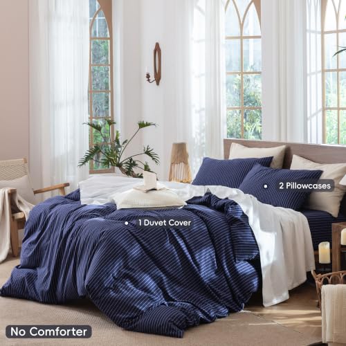 Image of MooMee Striped Duvet Cover Set 100% Washed Cotton Linen Like Queen | Relaxed Linen-like Texture. Soft, Breathable & Long-lasting Comfort. Lightweight. Hidden Zipper with 8 Interior Corner Ties