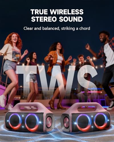 Image of IP67 Waterproof Bluetooth Speaker:80W(Peak) Loud Outdoor Portable Wireless Party Speakers with LED Lights,20H Playtime,Bluetooth 5.3,Deep Bass & TWS for Pool,Beach (Pink)