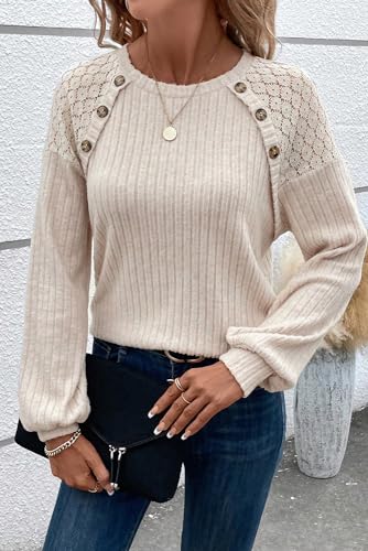 Women's Casual Crew Neck Lace Stitching Solid Color Knit Sweater Blouse Loose Fashion Fall Winter Pullover Jumper Top2