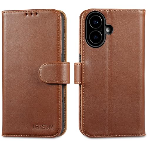 Coque iPhone 17 5G en cuir véritable marron foncé étui chic LENSUN