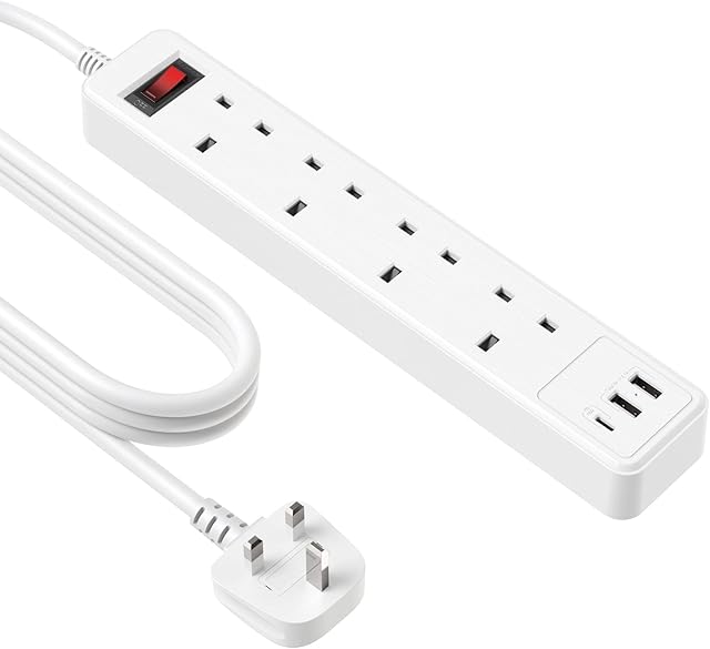 Extension Lead with USB Slots, 4 Way Outlets Power Strip with 3 USB Slots (5V/3.1A, 1 Type C and 2 USB-A Ports), Plug Extension Lead with Switches 2M Extension Cable for Home Office Travel, White