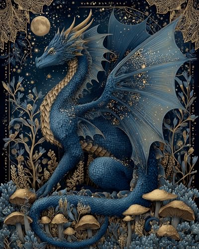 Image of Moohue DIY Counted Stamped Cross Stitch Kits for Adults Mushroom Blue Dragons Animal 14 Count Cross Stitch Patterns Printed (Animal Dragon)